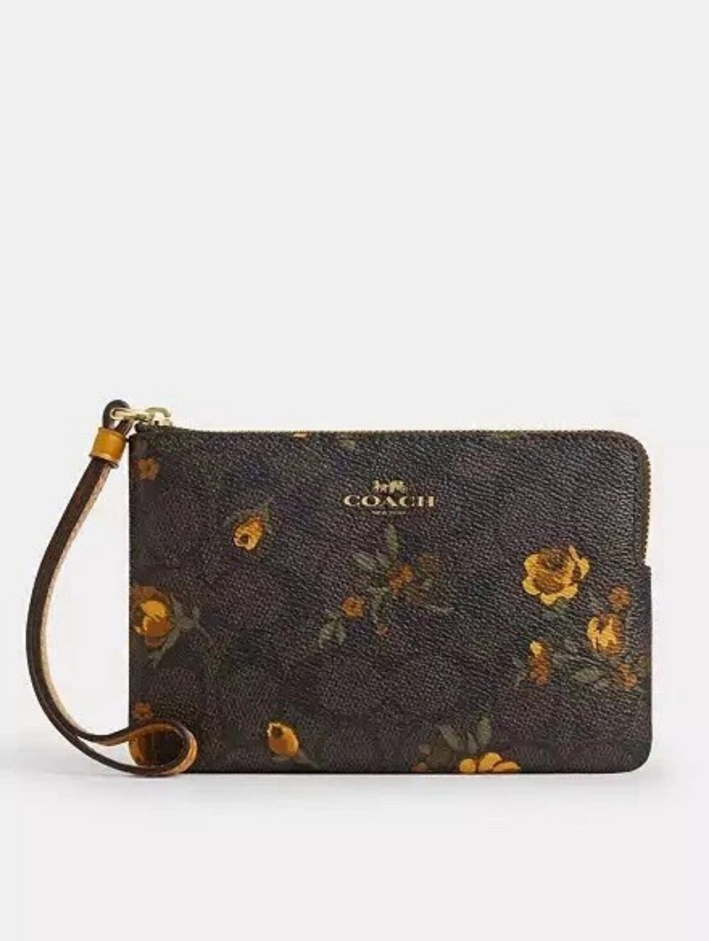 Coach Brown Floral Zip Wristlet with Yellow Accent NEW